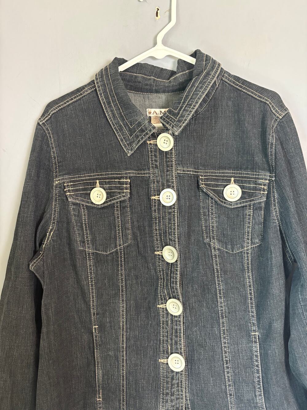 AMI Womens Plus Size 1X Dark Wash Denim Jacket Cream Buttons